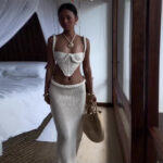 Y2K Crochet Knit 2 Piece Skirt Set Women's Square Collar Camisole Hip Skirt Hollow Out Strapless Tube Top Low Waist Bodycon Maxi Skirts Outfit