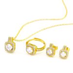Fashion Jewelry Set Zircon Gem Pendant Chain Choker Necklace For Women Gold Color Stud Earring Statement Wedding Ring